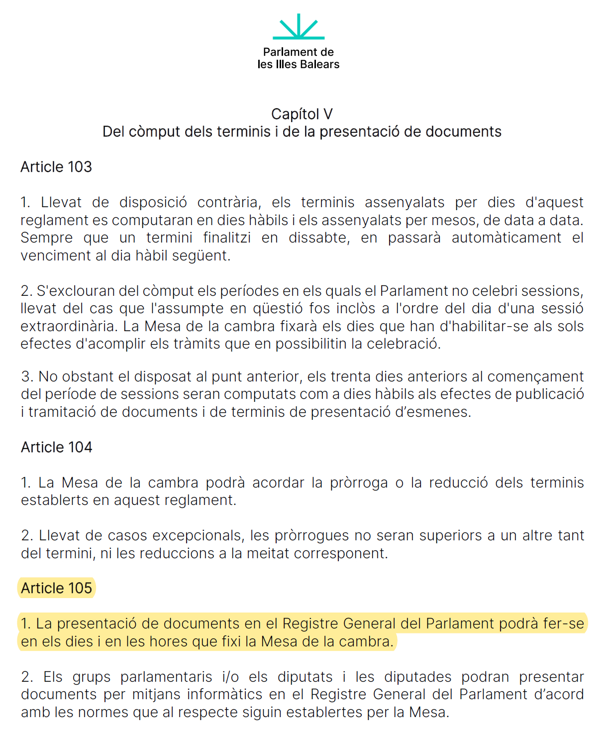 Reglament del Parlament, article 105