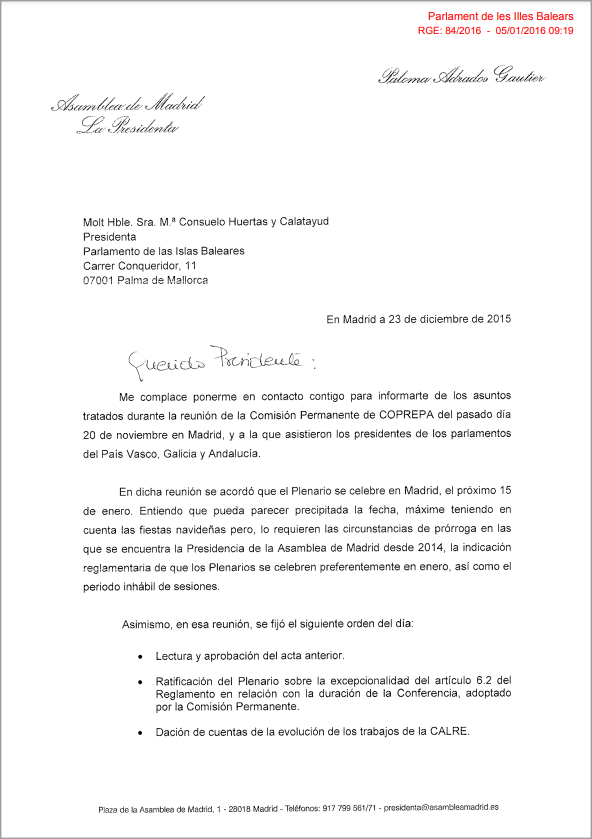 Convocatòria i ordre del dia de la presidenta de la COPREPA