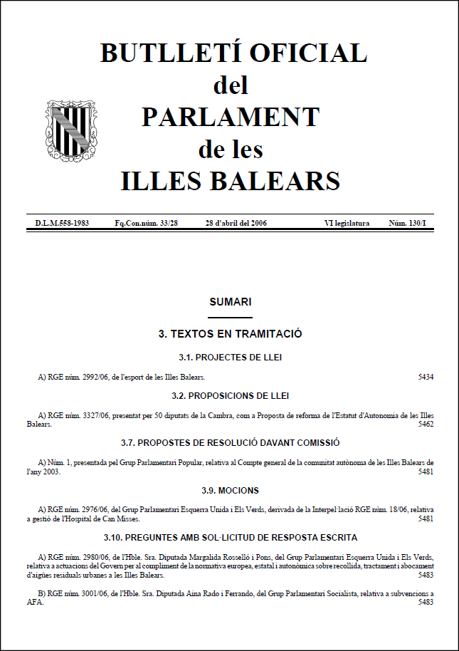 Primera pàgina del BOPIB 130 fascicle 1 de l'any 2006