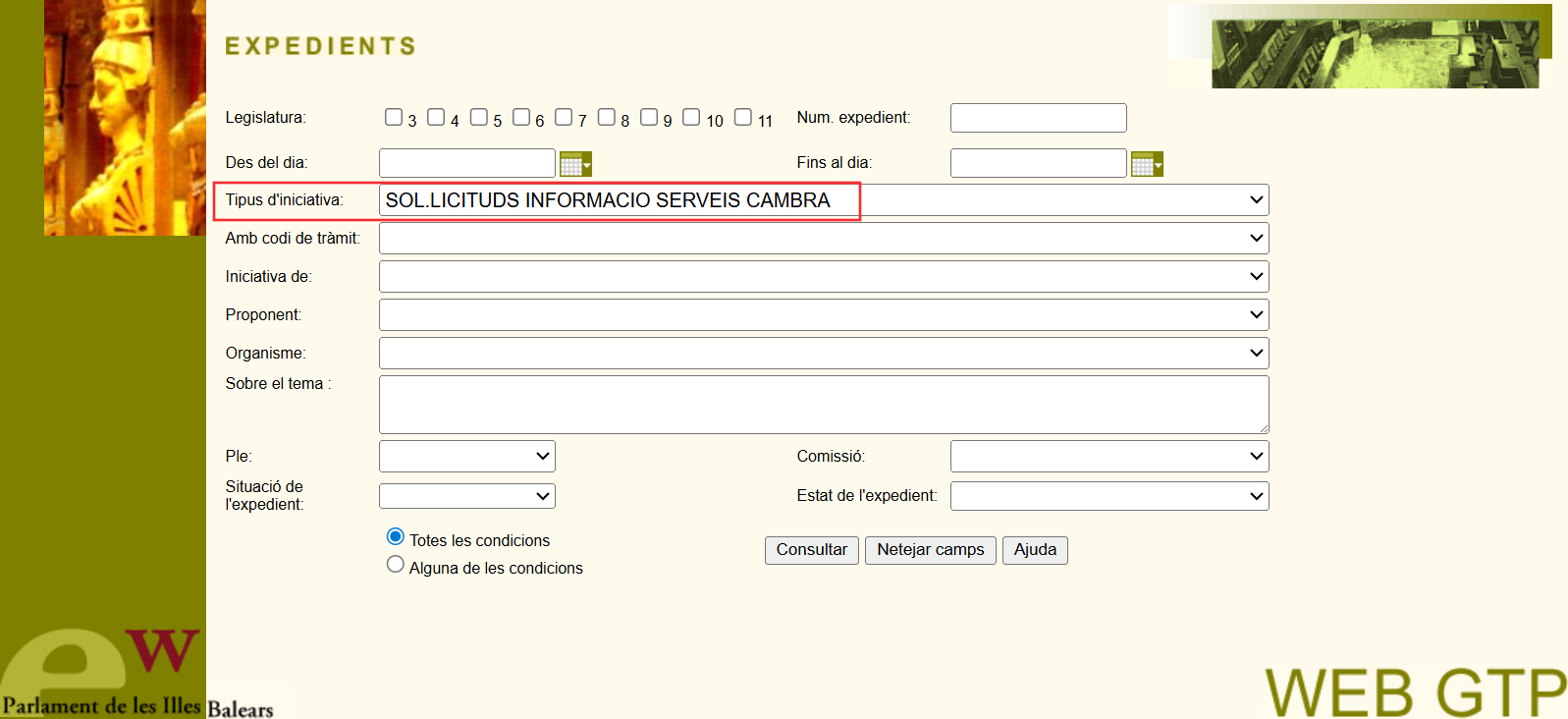Cercar al webGTP el tipus d'expedient esmentat al text