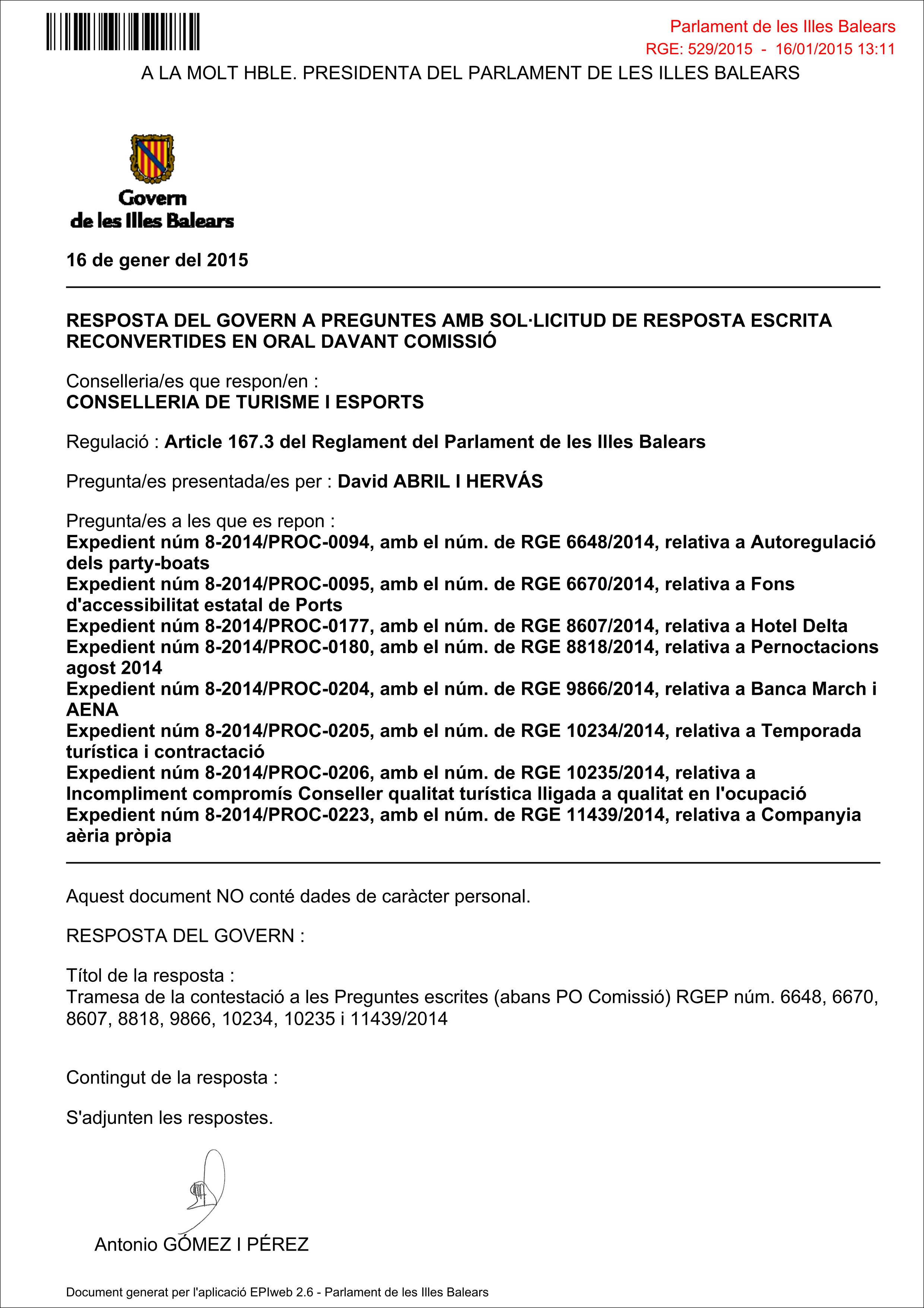 Resposta del Govern a la pregunta