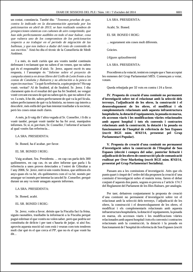 Diari de sessions del Ple en qu&egrave; es rebutja la creaci&oacute; de la comissi&oacute;