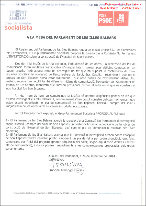 Sol&middot;licitud de creaci&oacute; de la comissi&oacute; no permanent d'investigaci&oacute;