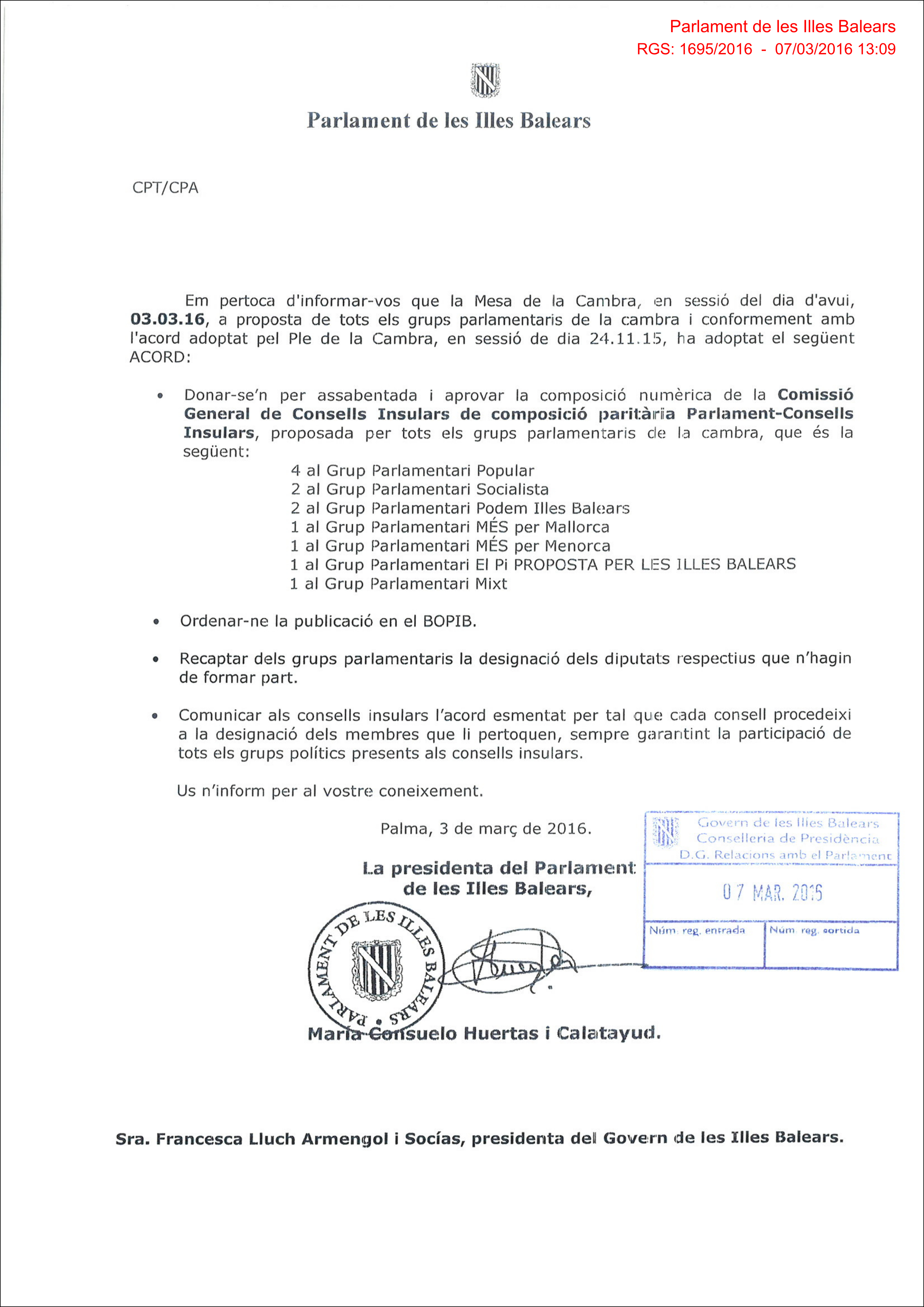 Comunicaci&oacute; de l'acord de Mesa que dona inici a l'expedient