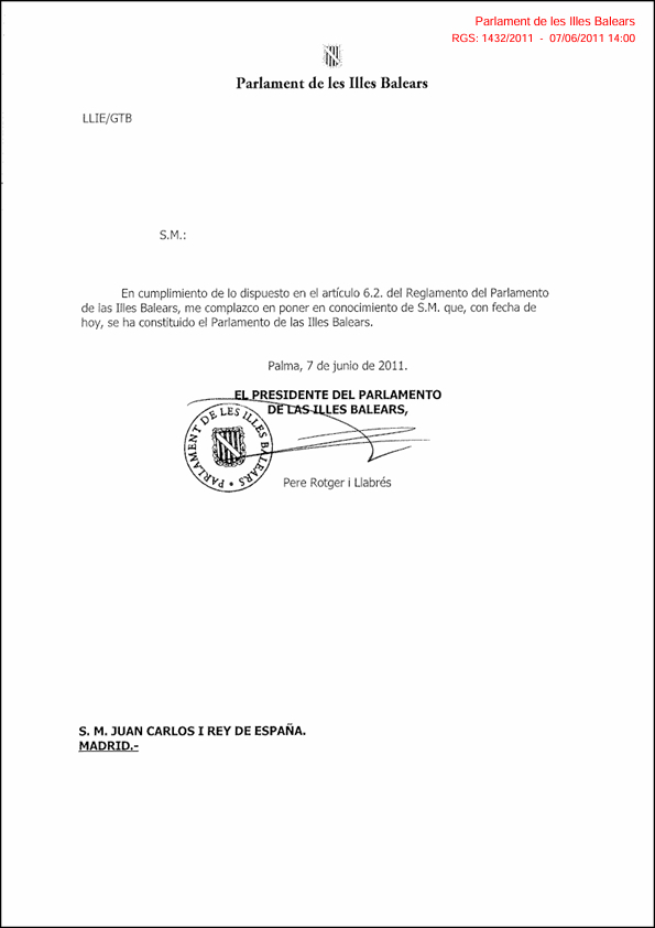 Comunicaci&oacute; de la constituci&oacute; del Parlament al rei d'Espanya
